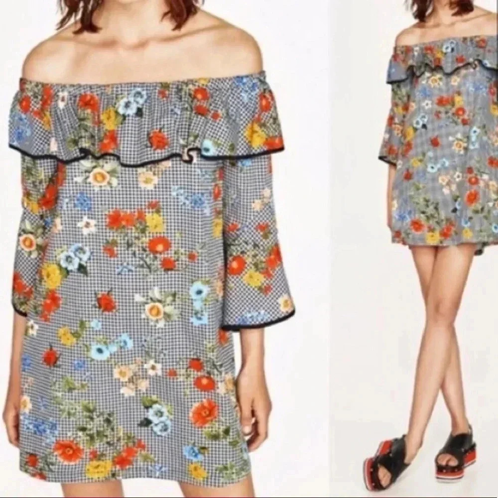 Zara‎ Floral Gingham Off Shoulder Dress XS